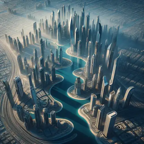 Modern Dubai skyline with a stylized legal document overlay, representing real estate law and property transactions