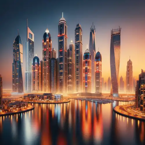 Modern Dubai skyline at sunset with illuminated buildings and reflections on water, symbolizing growth and opportunity